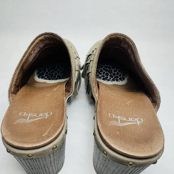 Dansko Deni Taupe Leather Fringe Studded 3” Heel Mule Clog Womens Size 38 US 8 - Picture 11 of 11
